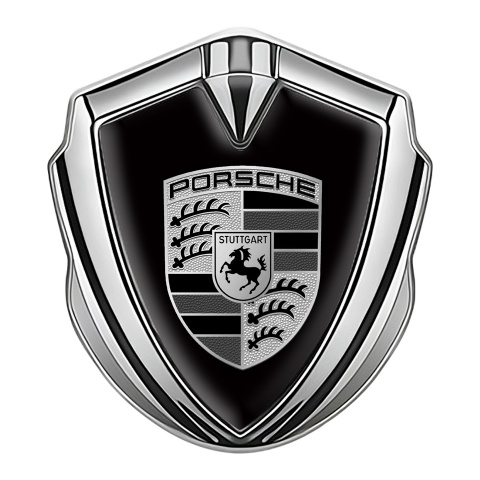 Porsche Abzeichen selbstklebend Silbertonfarbe mit Schwarz Hintergrund und Grau Schwarz Logo
