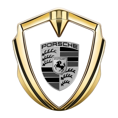 Porsche Emblem Abzeichen selbstklebend Goldtonfarbe mit Weiss Basis und Grau Schwarz Logo