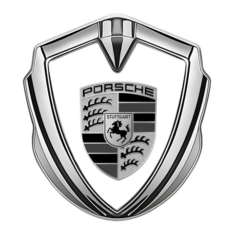 Porsche Emblem Abzeichen selbstklebend Silbertonfarbe mit Weiss Basis und Grau Schwarz Logo