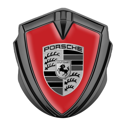Porsche Emblem Auto Zeichen Graphit Tonfarbe mit Rote Basis und Grau Schwarz Logo