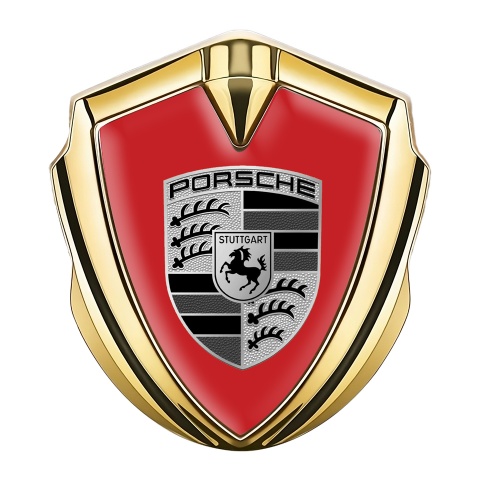 Porsche Emblem Auto Zeichen Goldtonfarbe mit Rote Basis und Grau Schwarz Logo