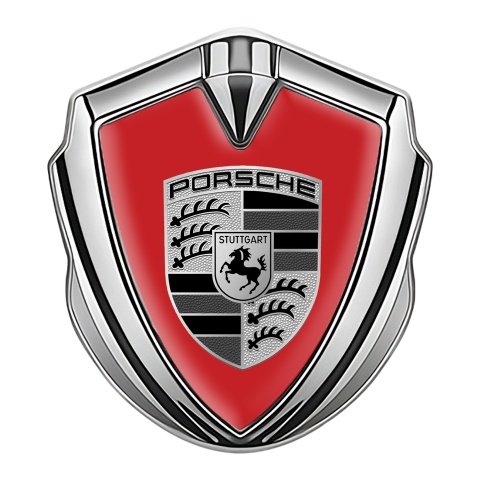 Porsche Emblem Auto Zeichen Silbertonfarbe mit Rote Basis und Grau Schwarz Logo