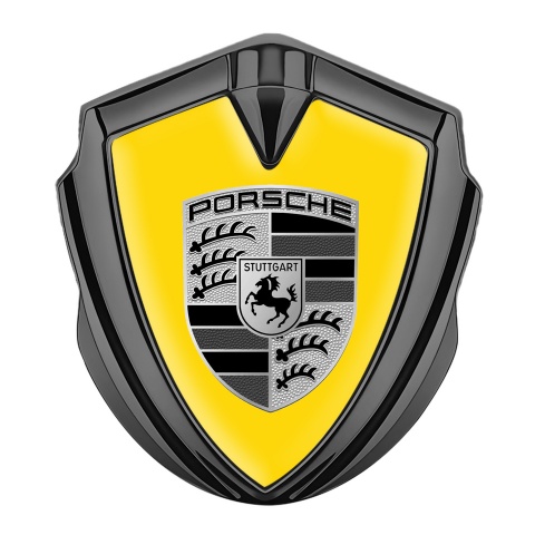 Porsche Emblem Auto Zeichen Graphit Tonfarbe mit Gelb Basis und Grau Schwarz Logo