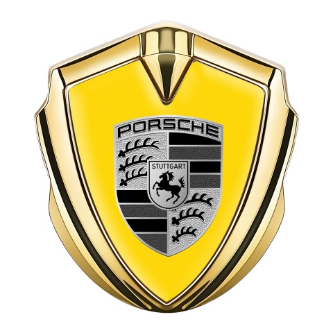 Porsche Emblem Auto Zeichen Goldtonfarbe mit Gelb Basis und Grau Schwarz Logo