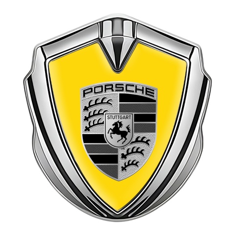 Porsche Emblem Auto Zeichen Silbertonfarbe mit Gelb Basis und Grau Schwarz Logo