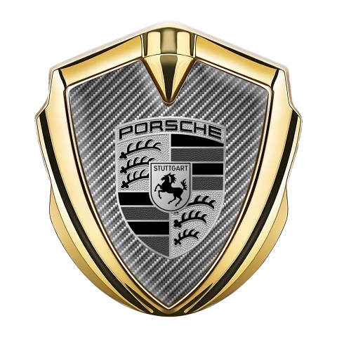 Porsche Emblem Aufkleber Autozubehor Goldtonfarbe mit Kohlenstoff Effekt und Grau Schwarz Logo