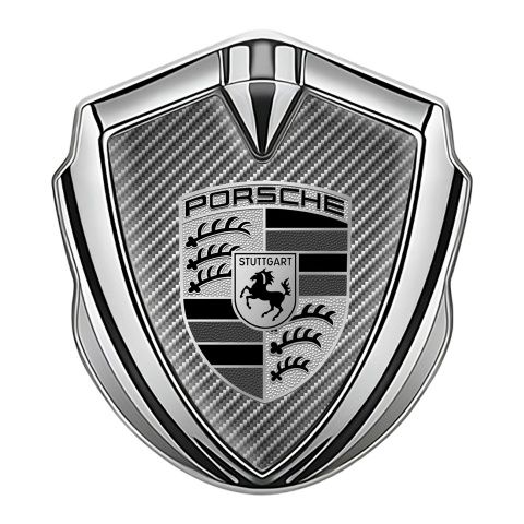 Porsche Emblem Aufkleber Autozubehor Silbertonfarbe mit Kohlenstoff Effekt und Grau Schwarz Logo