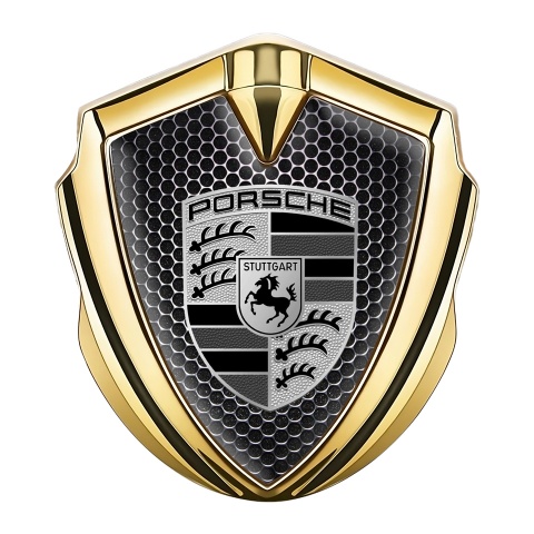 Porsche Selbstklebendes Metallaufkleber Emblem Goldtonfarbe mit Perforierter Stahl Effekt Fundaments