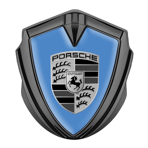 Porsche Emblem Logo Schriftzug Aufkleber Graphit Tonfarbe mit Blau basis und Grau Schwarz Logo Stil