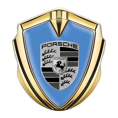 Porsche Emblem Logo Schriftzug Aufkleber Goldtonfarbe mit Blau basis und Grau Schwarz Logo Stil
