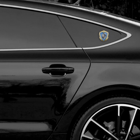 Porsche Emblem Logo Schriftzug Aufkleber Goldtonfarbe mit Blau basis und Grau Schwarz Logo Stil