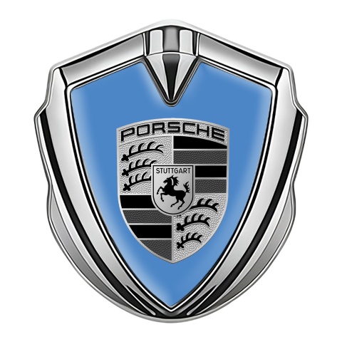 Porsche Emblem Logo Schriftzug Aufkleber Silbertonfarbe mit Blau basis und Grau Schwarz Logo Stil