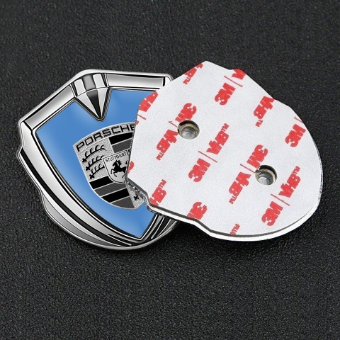 Porsche Emblem Logo Schriftzug Aufkleber Silbertonfarbe mit Blau basis und Grau Schwarz Logo Stil