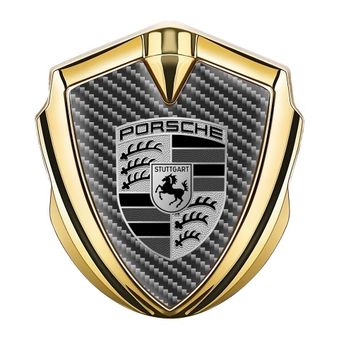Porsche Seitenflugel Emblem Aufkleber Goldtonfarbe mit Schwarz Kohlenstoff Design
