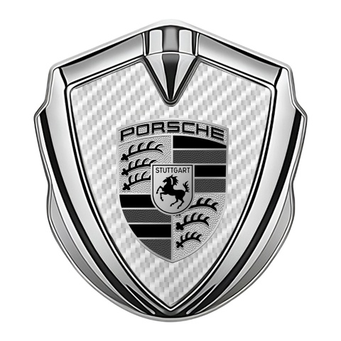 Porsche Emblem Abzeichen Silbertonfarbe mit Weiss carbon Design