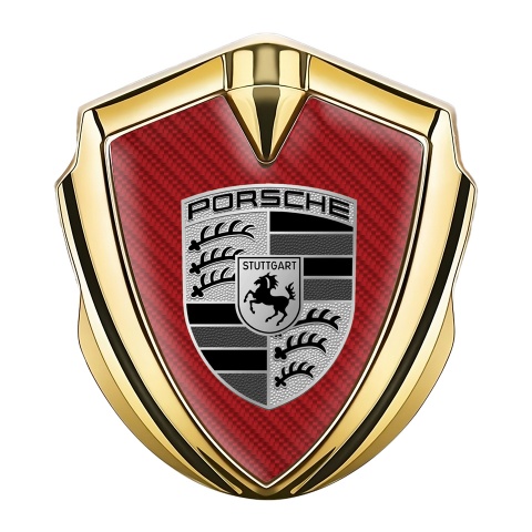 Porsche Abzeichen selbstklebend Goldtonfarbe mit Rote Kohlenstoff design