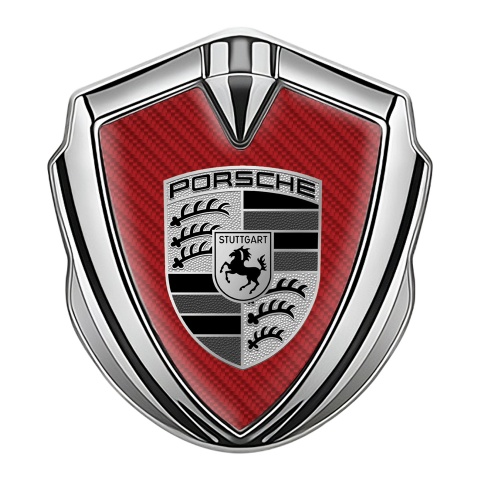 Porsche Abzeichen selbstklebend Silbertonfarbe mit Rote Kohlenstoff design
