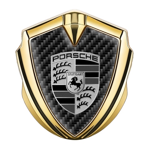 Porsche Emblem Abzeichen selbstklebend Goldtonfarbe mit Dunkel Kohlenstoff Stil