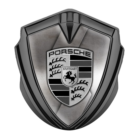 Porsche Emblem Aufkleber Autozubehor Graphit Tonfarbe mit Gestanztes Metall Hintergrund und Grau Schwarz Logo