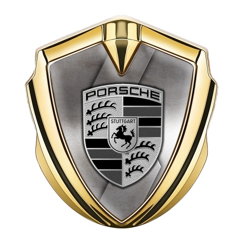 Porsche Emblem Aufkleber Autozubehor Goldtonfarbe mit Gestanztes Metall Hintergrund und Grau Schwarz Logo