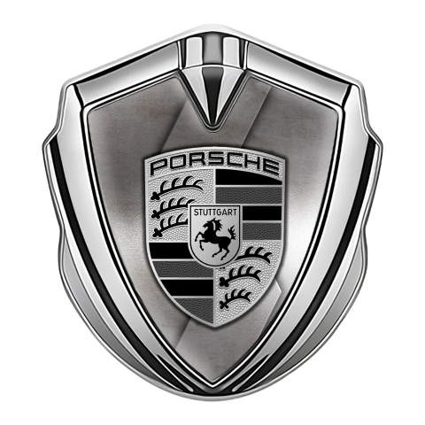 Porsche Emblem Aufkleber Autozubehor Silbertonfarbe mit Gestanztes Metall Hintergrund und Grau Schwarz Logo