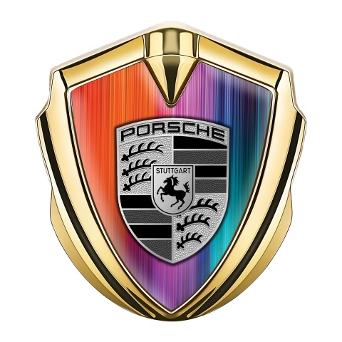 Porsche Seitenflugel Emblem Aufkleber Goldtonfarbe mit Mehrfarbig Hintergrund Stil