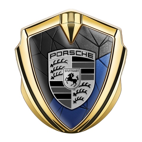 Porsche Emblem Abzeichen Goldtonfarbe mit Blau Schwarz Mozaik Effekt
