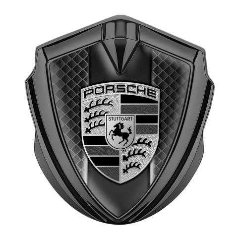 Porsche Emblem Auto Zeichen Graphit Tonfarbe mit Dunkles Netz Hintergrund und Gray Schwarz Logo
