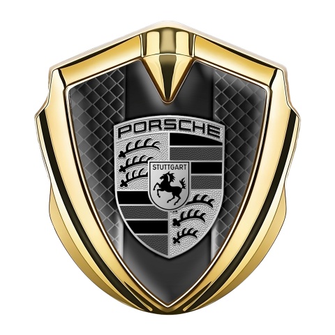 Porsche Emblem Auto Zeichen Goldtonfarbe mit Dunkles Netz Hintergrund und Gray Schwarz Logo