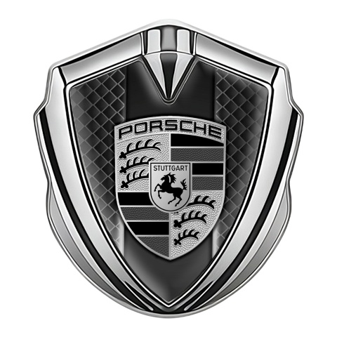 Porsche Emblem Auto Zeichen Silbertonfarbe mit Dunkles Netz Hintergrund und Gray Schwarz Logo
