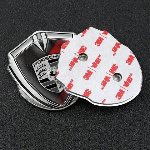 Porsche Selbstklebendes Metallaufkleber Emblem Silbertonfarbe mit Rot gerieben Effekt