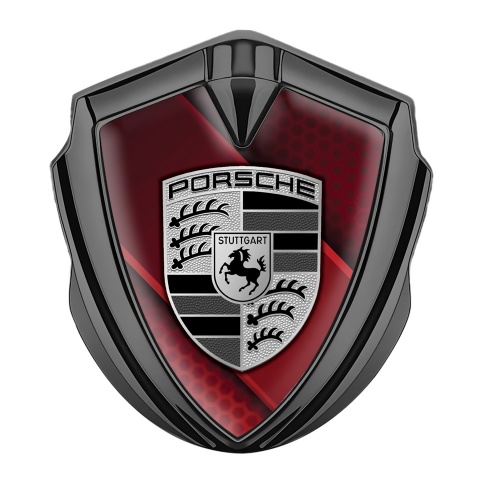 Porsche Emblem Logo Schriftzug Aufkleber Graphit Tonfarbe mit Rot Diagonales Panel Design und Grau Schwarz Logo