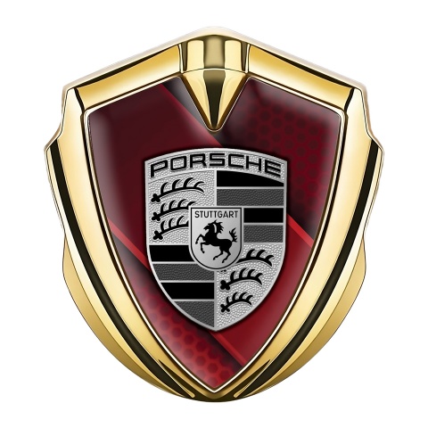 Porsche Emblem Logo Schriftzug Aufkleber Goldtonfarbe mit Rot Diagonales Panel Design und Grau Schwarz Logo