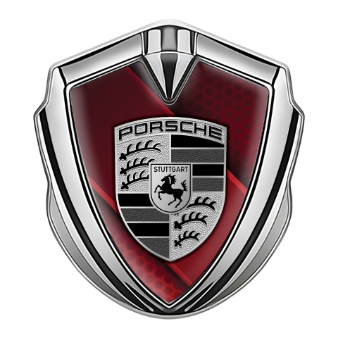 Porsche Emblem Logo Schriftzug Aufkleber Silbertonfarbe mit Rot Diagonales Panel Design und Grau Schwarz Logo