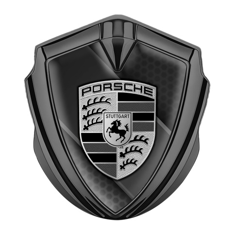 Porsche Seitenflugel Emblem Aufkleber Graphit Tonfarbe mit Graphit Diagonales Panel Hintergrund Stil