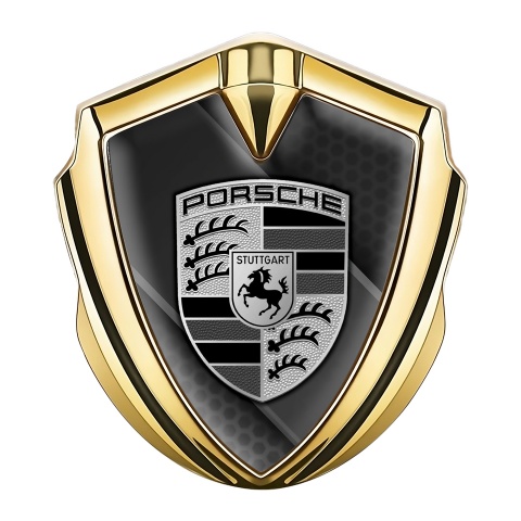 Porsche Seitenflugel Emblem Aufkleber Goldtonfarbe mit Graphit Diagonales Panel Hintergrund Stil