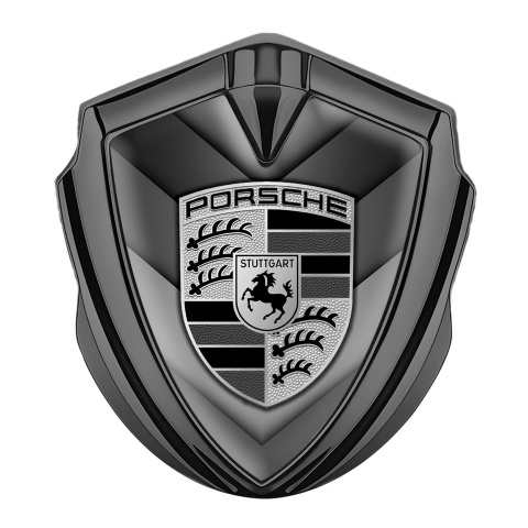 Porsche Fender Metal Domed Emblem Graphite V Shaped Monochrome Motif