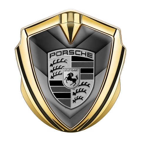 Porsche Fender Metal Domed Emblem Gold V Shaped Monochrome Motif