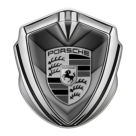 Porsche Fender Metal Domed Emblem Silver V Shaped Monochrome Motif