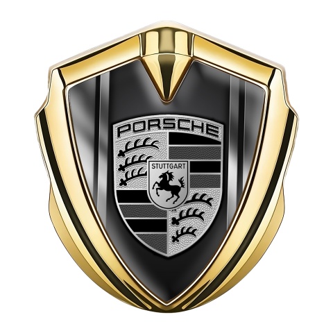 Porsche Metal Emblem Self Adhesive Gold Gradient Side Plates Grey Logo