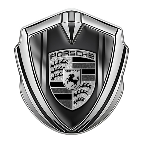 Porsche Metal Emblem Self Adhesive Silver Gradient Side Plates Grey Logo