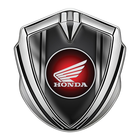 Honda Selbstklebendes Metallaufkleber Emblem Silbertonfarbe mit Metallrahmen Hintergrund und Runde Rot Logo
