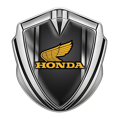 Honda Seitenflugel Emblem Aufkleber Silbertonfarbe mit Metallrahmen Basis und Gelb Logo