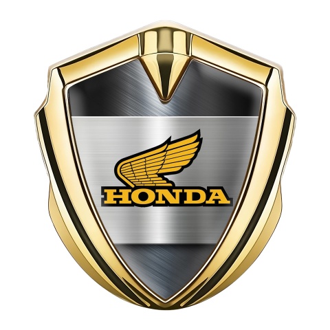Honda Emblem Abzeichen Goldtonfarbe mit Geburstete Stahlplatte Basis Stil und Gelb Logo