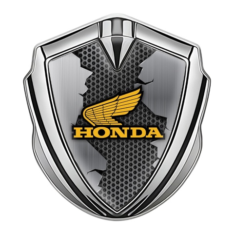 Honda Seitenflugel Emblem Aufkleber Silbertonfarbe mit Zerrissenes Metall und Gelb Logo