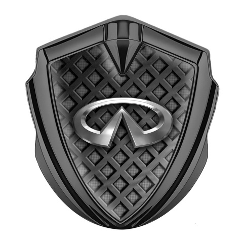 Infiniti Emblem Logo Schriftzug Aufkleber Graphit Tonfarbe mit Grau Gitter und Silber Logo