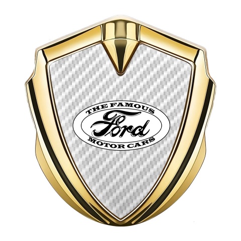 Ford Emblem Abzeichen selbstklebend Goldtonfarbe mit Weiss Carbon Hintergrund und Vintage Logo