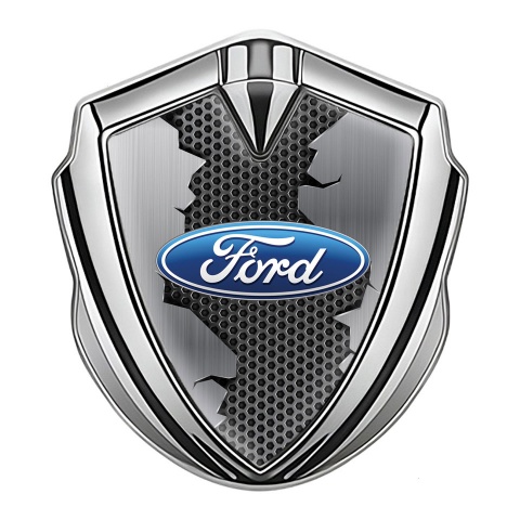 Ford Emblem Abzeichen Silbertonfarbe mit Zerrissenes Metall Effekt und Klassisch Logo