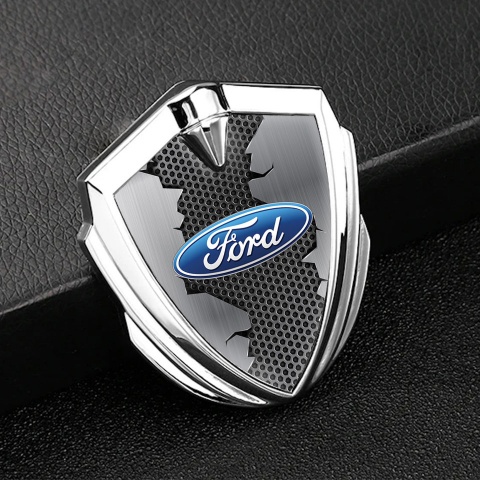 Ford Emblem Abzeichen Silbertonfarbe mit Zerrissenes Metall Effekt und Klassisch Logo