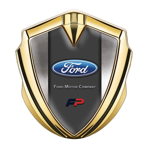 Ford Emblem Abzeichen selbstklebend Goldtonfarbe mit Blech Effekt und FP Logo Motiv
